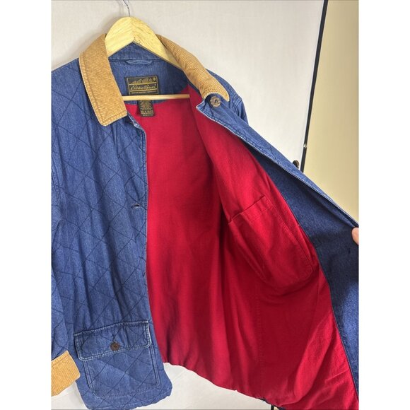 Eddie Bauer Women’s Quilted Denim Barn Coat Jacket Corduroy Collar Red Lining L - Picture 6 of 8